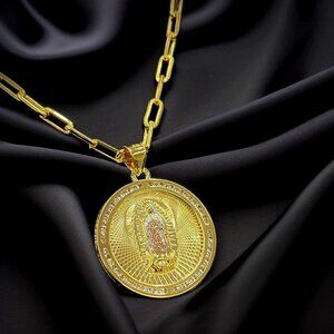 Virgencita de Guadalupe Round 14K Necklace Paper Clip Gifts Religious Womens